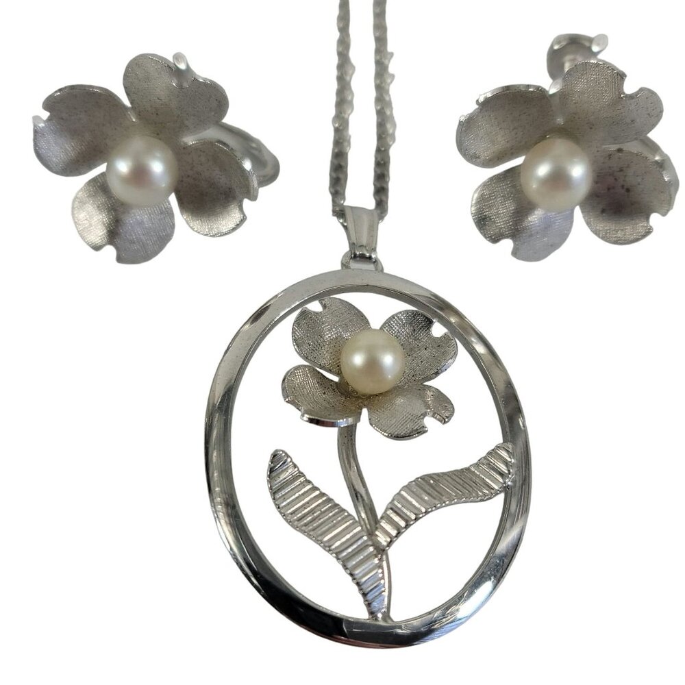 Vintage 1960s Signed VanDell Necklace Earrings Set Sterling Silver Pearl Flower